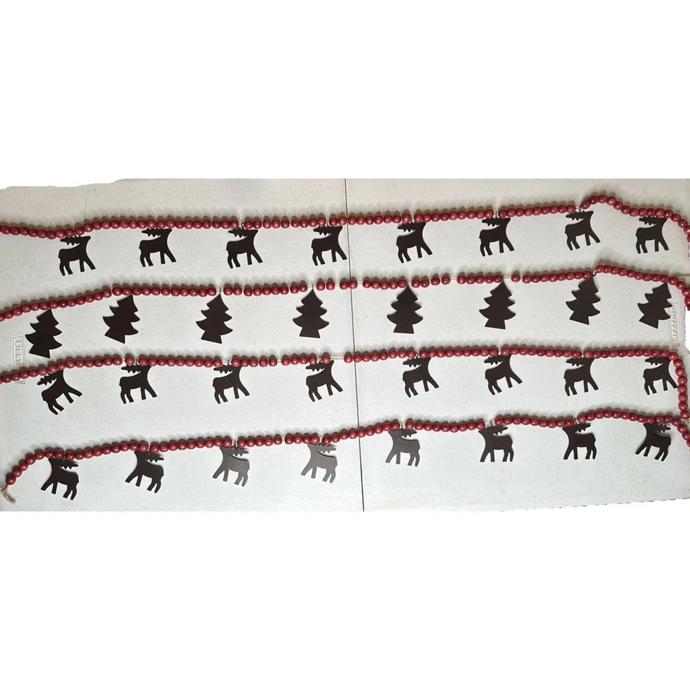 Lot 4 Red Wooden Bead Garland w/ Metal Reindeer Chistmas Trees Log Cabin Country